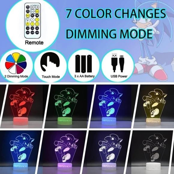 NEW 3D Sonic Hedgehog Anime Night Light LED Illusion Lamp Multi Color Table Lamp - Picture 2 of 7